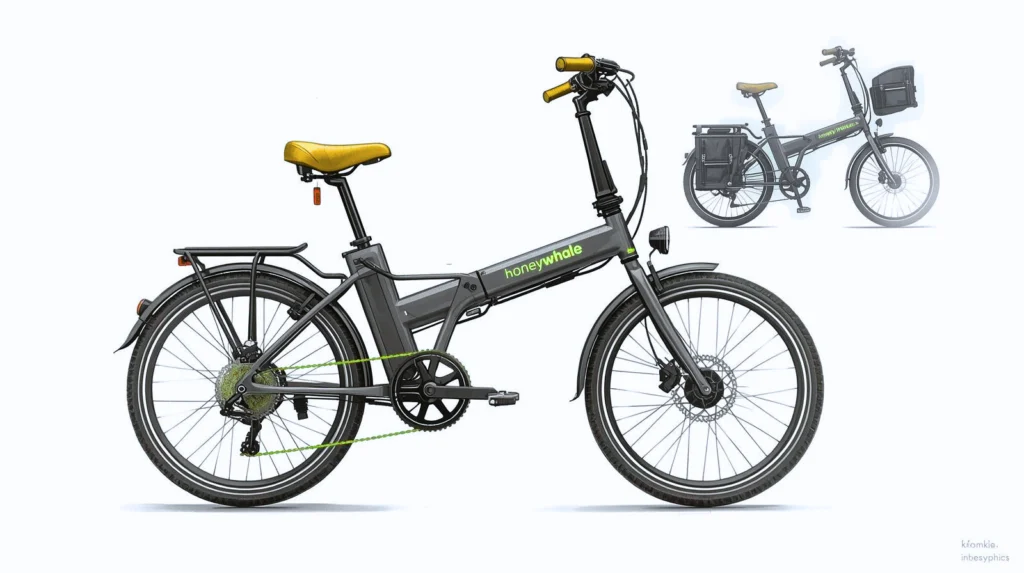 Bicicleta elétrica urbana cinza equipada com cesta dianteira para compras e transporte.