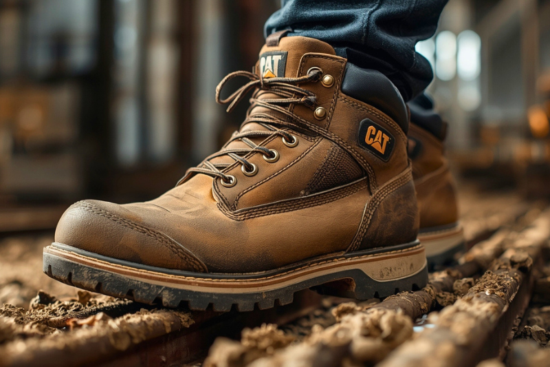 Homem caminhando em obra com Bota Coturno Cat reforçada em solo com vergalhões.