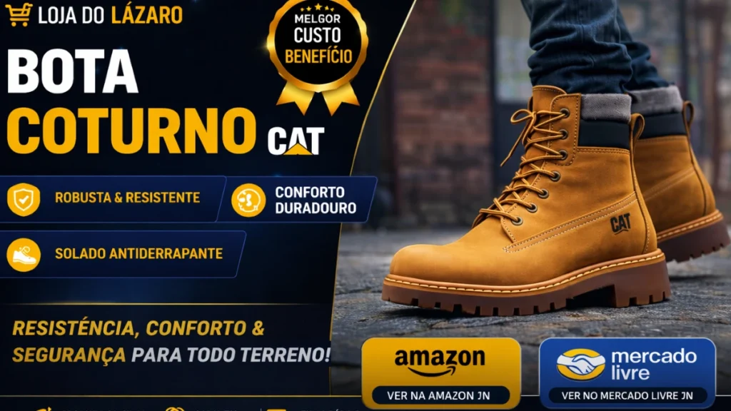 Bota Coturno Cat em couro legítimo, resistente e confortável para uso urbano e trabalho pesado.