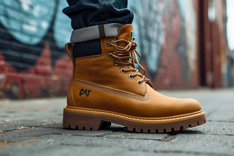 Bota Coturno Cat em couro amarelo para uso casual e urbano em calçada com grafite.