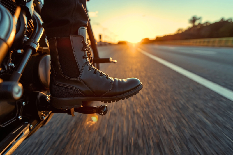 Bota Coturno Cat sendo usada por motociclista em estrada aberta durante o pôr do sol.