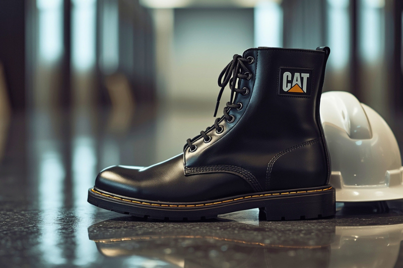 Bota Coturno Cat preta de couro em ambiente industrial ao lado de um capacete de segurança.