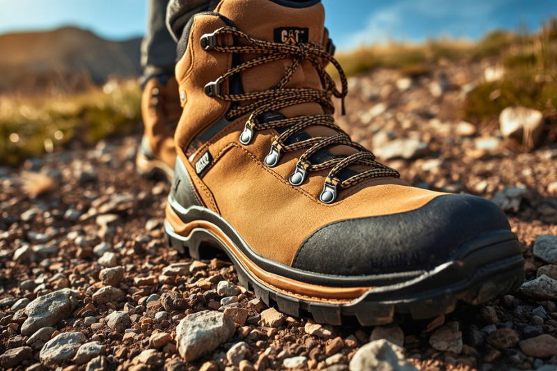Bota Coturno Cat em terreno de terra e pedras para caminhada e trilha.