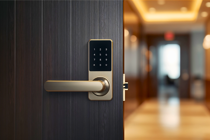 Close-up lateral de uma fechadura eletrônica inteligente metálica preta instalada em porta de madeira clara, mostrando o perfil esguio e o acabamento escovado no corredor.
