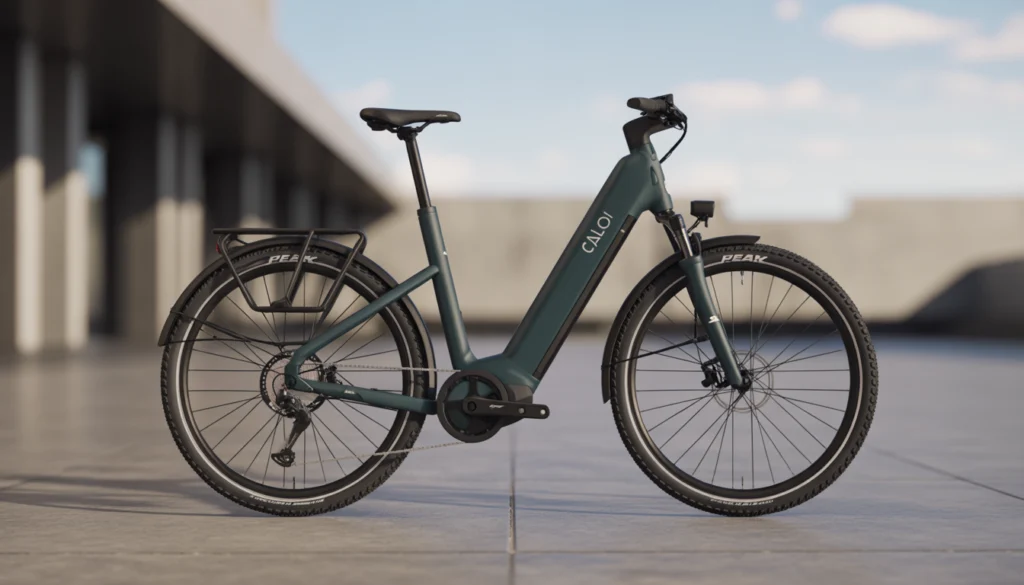 Vista lateral de uma bicicleta elétrica de performance em um ambiente moderno.