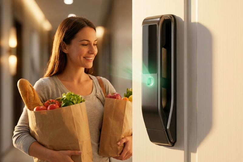  Uma mulher sorrindo segura sacolas de compras enquanto usa o reconhecimento facial para abrir sua porta com uma fechadura eletrônica inteligente metálica preta.