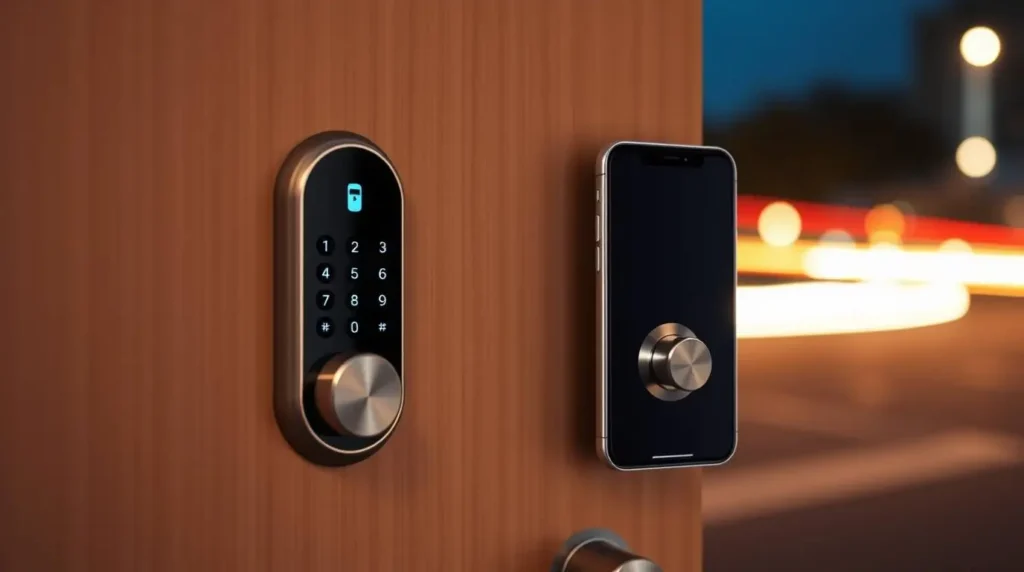 Fechadura digital com biometria instalada em porta moderna, com painel touch iluminado e design elegante, oferecendo acesso rápido e seguro sem uso de chaves.
