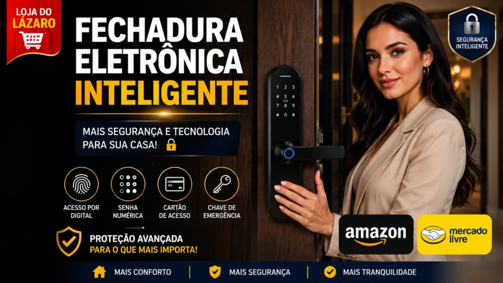 Fechadura eletrônica inteligente instalada em porta residencial com mulher elegante demonstrando o sistema de acesso seguro.