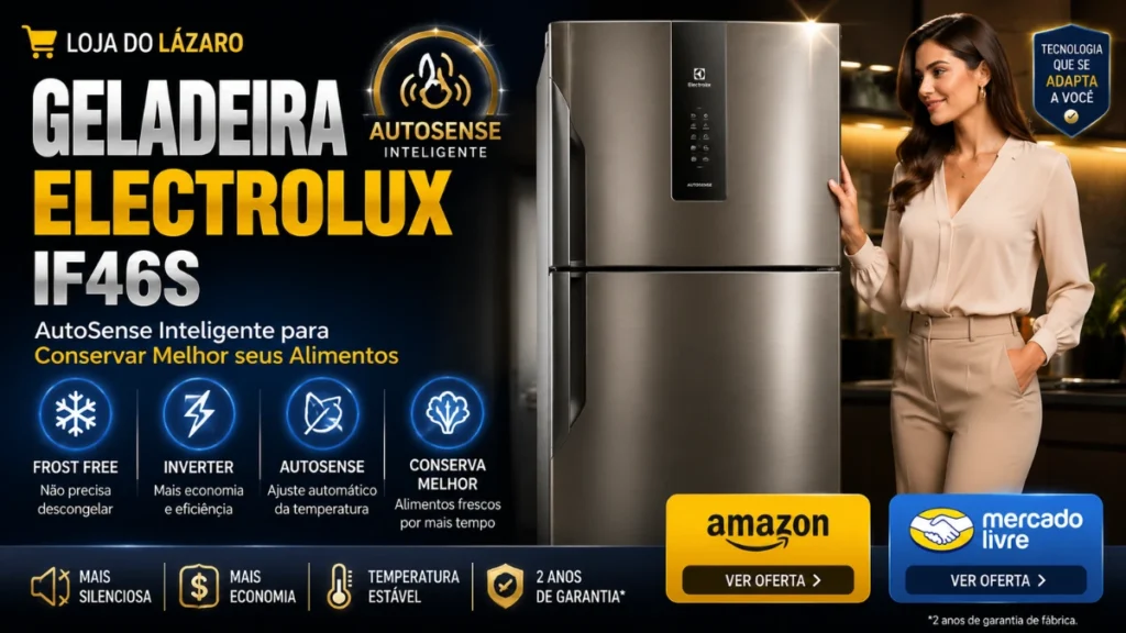 Geladeira Electrolux IF46S com tecnologia AutoSense e acabamento Inox Look em cozinha moderna.