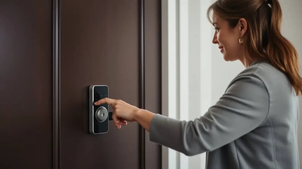 Pessoa instalando uma Fechadura eletrônica inteligente em porta residencial, demonstrando praticidade, segurança moderna e acesso sem chave.