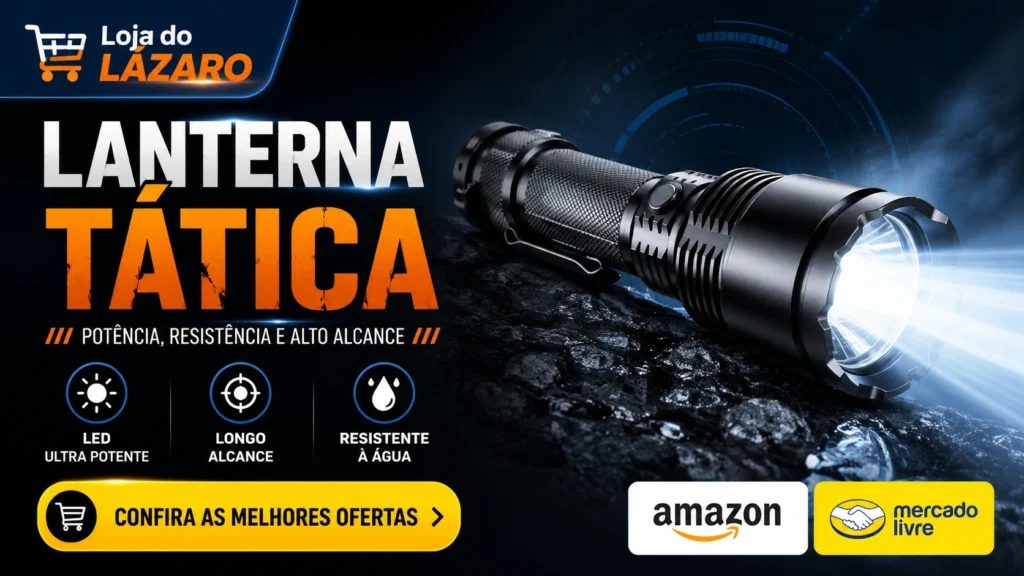Lanterna Tática LED de alto alcance com iluminação potente, ideal para camping, trilhas, segurança e uso profissional.