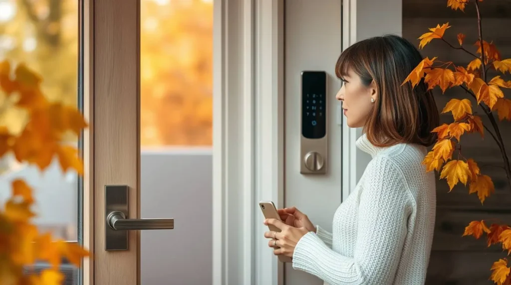 Pessoa utilizando uma fechadura eletrônica inteligente em porta residencial moderna, destacando tecnologia, segurança e praticidade no acesso sem chave.