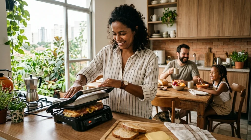 Mulher preparando lanche em cozinha moderna, explorando os melhores eletrodomésticos baratos para casa