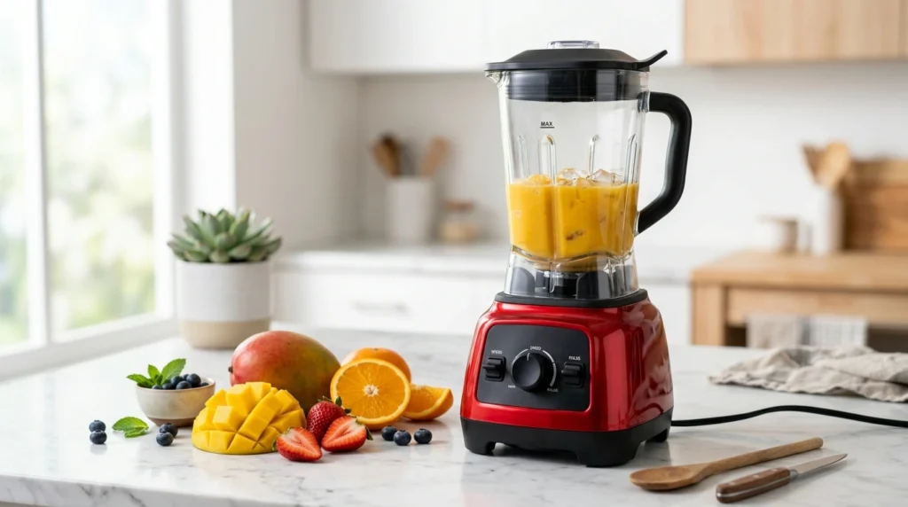 Liquidificador vermelho com frutas frescas ao redor, entre os melhores eletrodomésticos baratos para casa