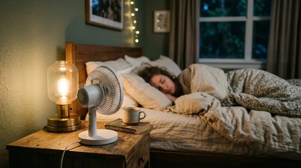 Ventilador de mesa ligado em quarto aconchegante, um dos melhores eletrodomésticos baratos para casa