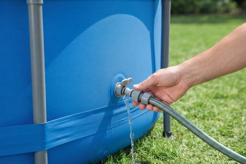 "Close-up de uma mão conectando uma mangueira de jardim à válvula de escoamento da lona azul de uma piscina estruturada.
