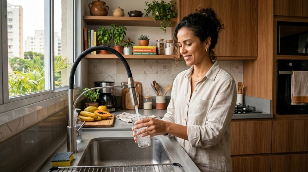 torneira com filtro vale a pena em uso na cozinha moderna com pessoa utilizando água filtrada direto da torneira
