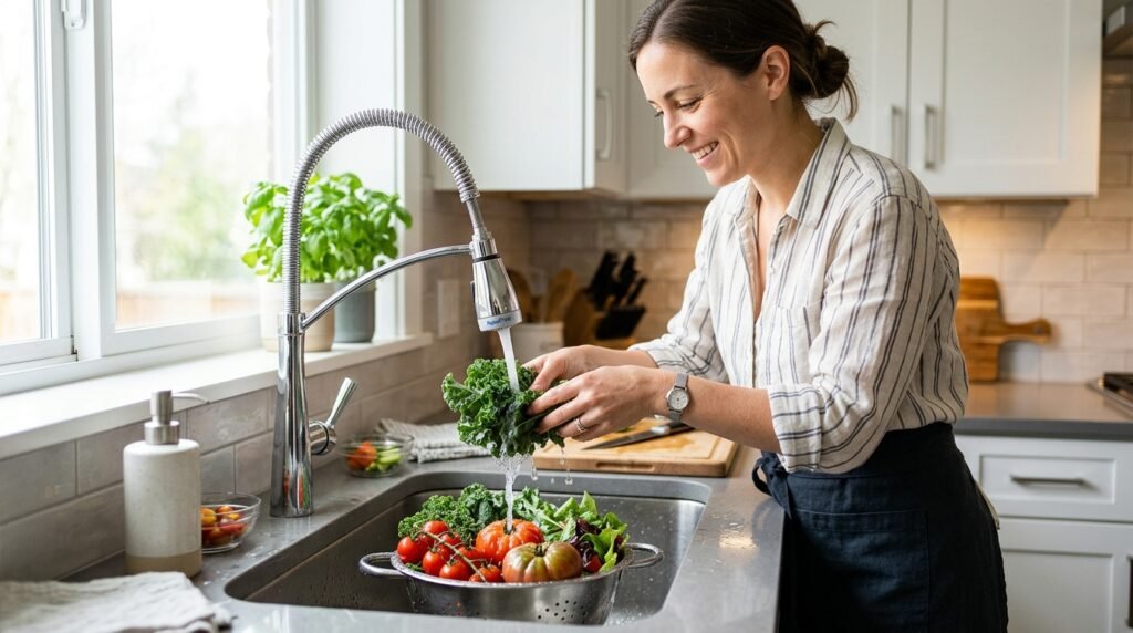 torneira com filtro vale a pena em uso na cozinha com água filtrada sendo utilizada para preparar alimentos