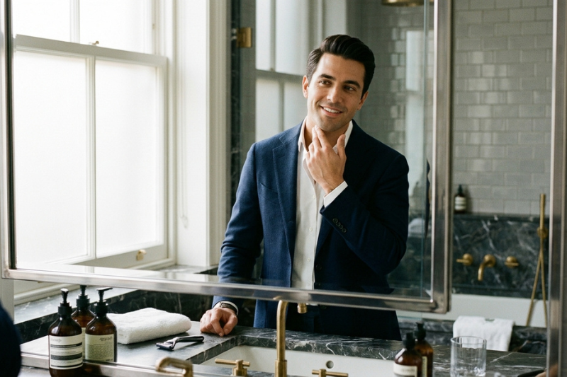 Homem elegante sorrindo no espelho após usar o barbeador elétrico Kemei KM-2024 na sua rotina de cuidados masculinos.