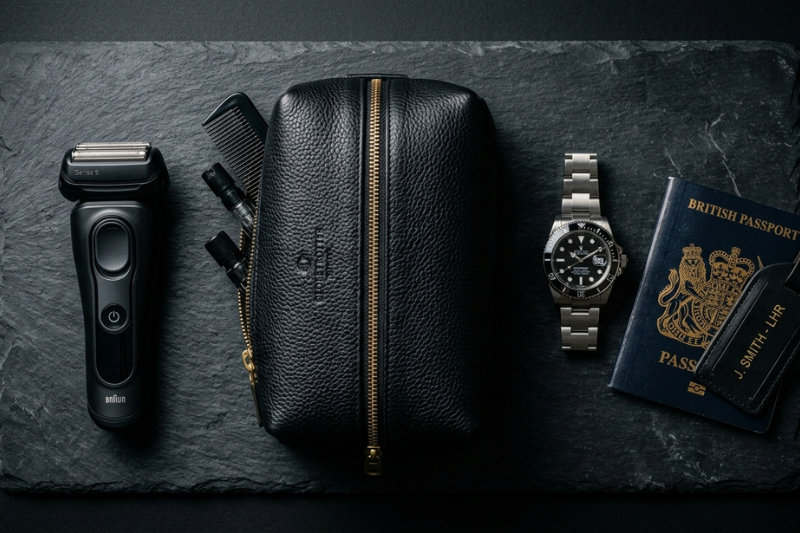 Barbeador elétrico Kemei KM-2024 posicionado ao lado de acessórios de viagem e uma necessaire masculina compacta.