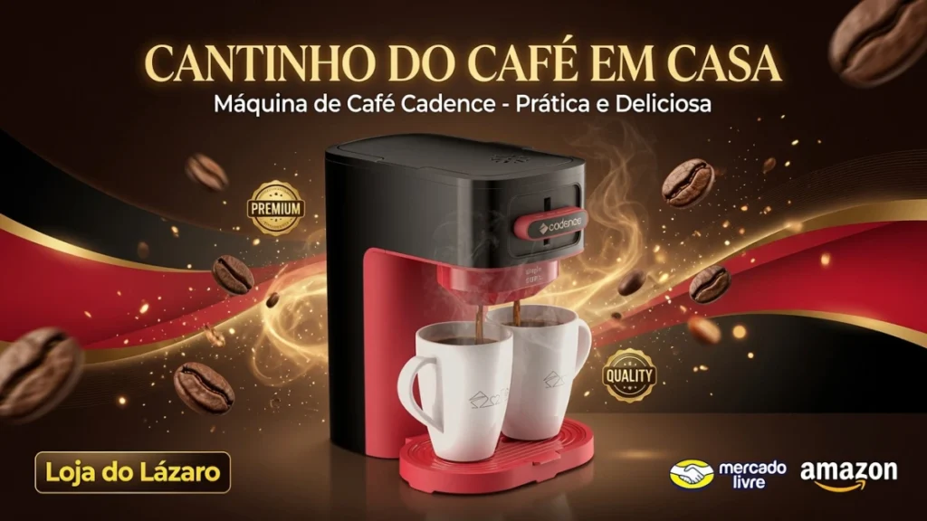Cantinho do café em casa - Máquina de café Cadence preta e vermelha com duas xícaras de café fresco, ideal para Mercado Livre e Amazon - Loja do Lázaro