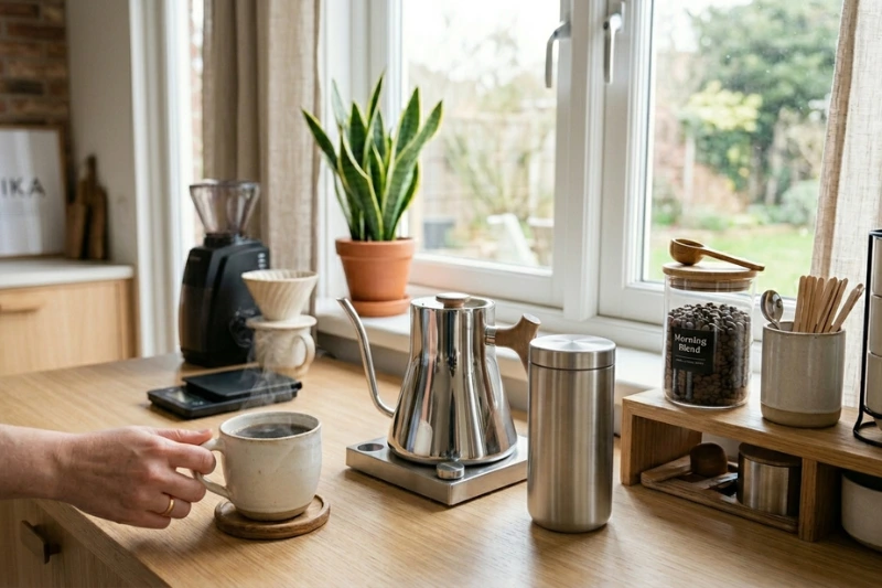 Cantinho do café organizado em casa com cafeteira elétrica e decoração minimalista.