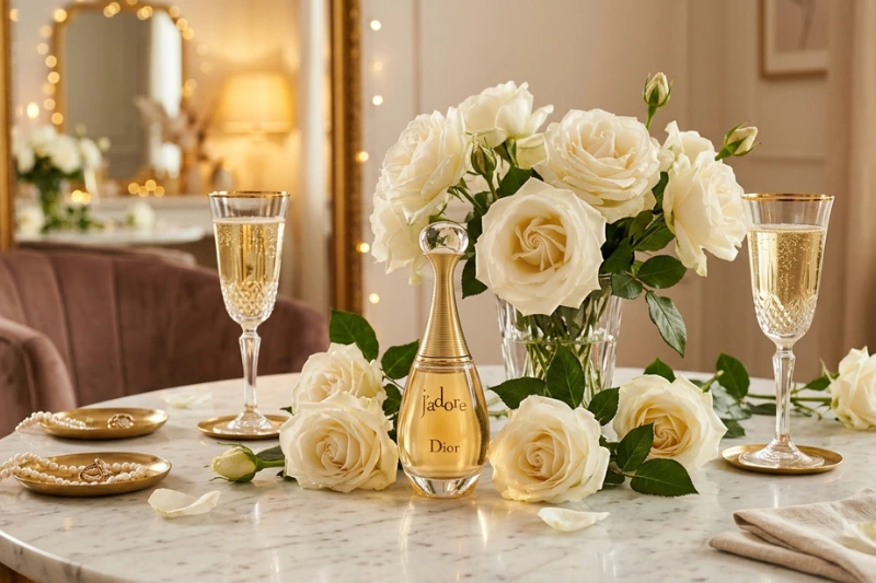 Dior J'adore Eau de Parfum em mesa decorada com arranjo floral branco e taças douradas