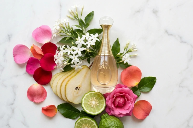 Dior J'adore Eau de Parfum cercado de rosas coloridas e flores frescas sobre fundo claro