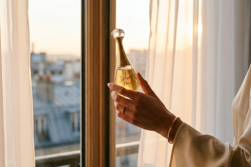 Mulher segurando frasco de perfume dourado próximo a janela com luz natural suave