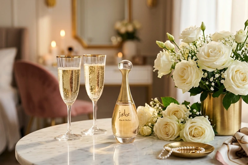 Dior J'adore Eau de Parfum em mesa elegante com taças de champanhe e flores brancas ao fundo