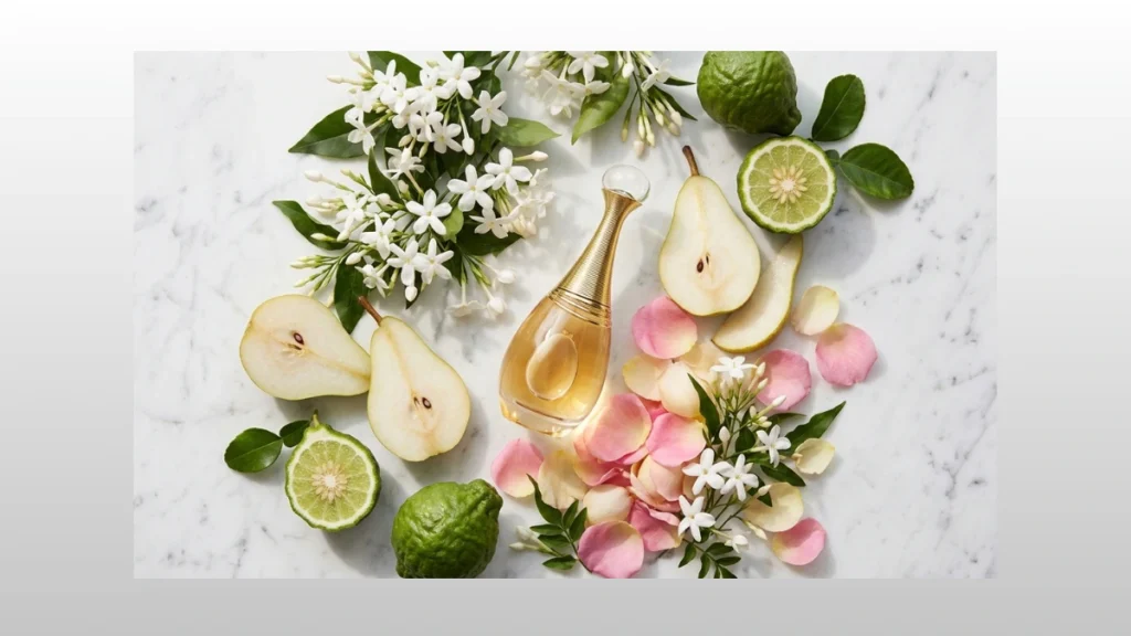 Frasco do Dior J'adore Eau de Parfum sobre mármore branco rodeado de pêras, bergamota, jasmim e pétalas de rosa rosa