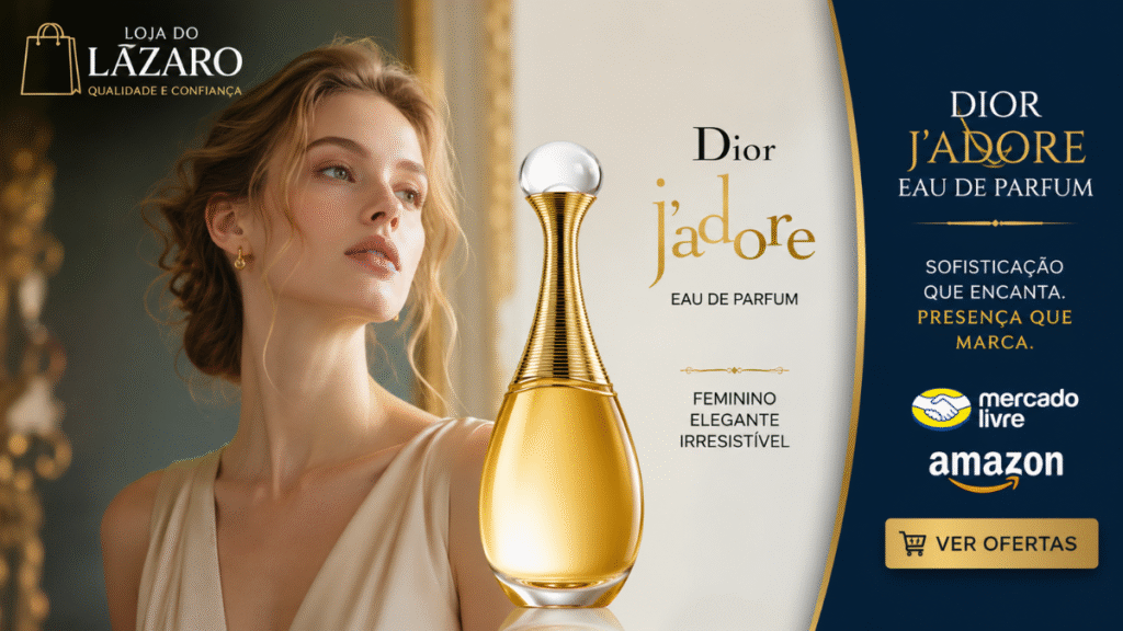 Dior J’adore Eau de Parfum em destaque ao lado de uma elegante mulher europeia, representando a sofisticação e a feminilidade do perfume, disponível na Loja do Lázaro com ofertas da Amazon e Mercado Livre.