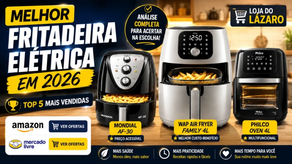 Melhor fritadeira elétrica em 2026 com comparativo entre WAP Air Fryer Family 4L, Mondial AF-30 e Philco Oven 4L.