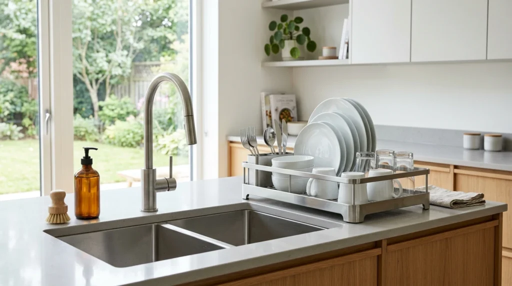 escorredor de louça inox organizando pratos na pia
