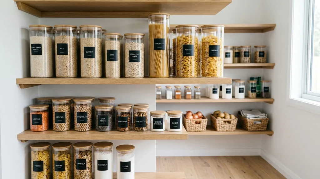 potes herméticos organizando alimentos na despensa