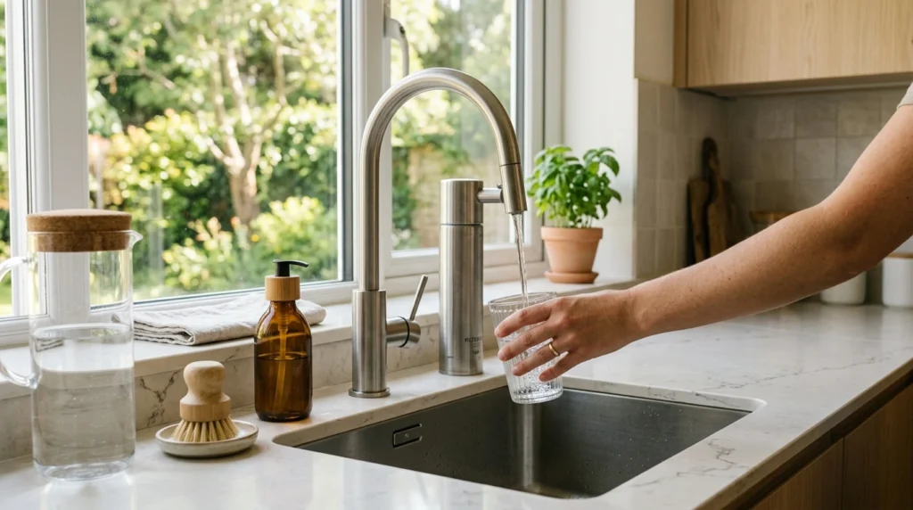 Torneira com filtro Dazie Metais em uso na cozinha, fornecendo água filtrada limpa direto da torneira
