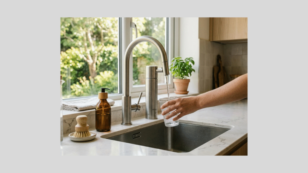 Torneira com filtro vale a pena – modelo gourmet de parede instalada em cozinha moderna
