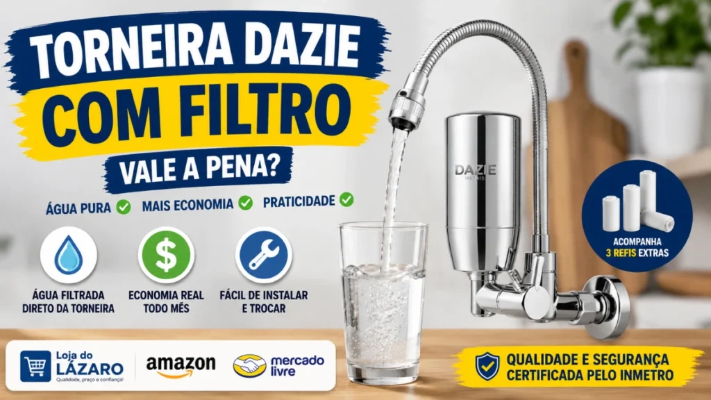 Torneira com Filtro Vale a Pena da Dazie Metais instalada em cozinha moderna com água filtrada direto da torneira.