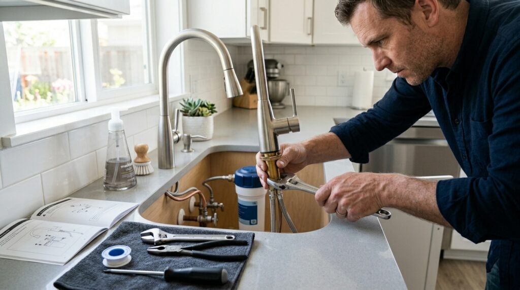 torneira com filtro vale a pena durante instalação na cozinha com homem realizando o reparo.