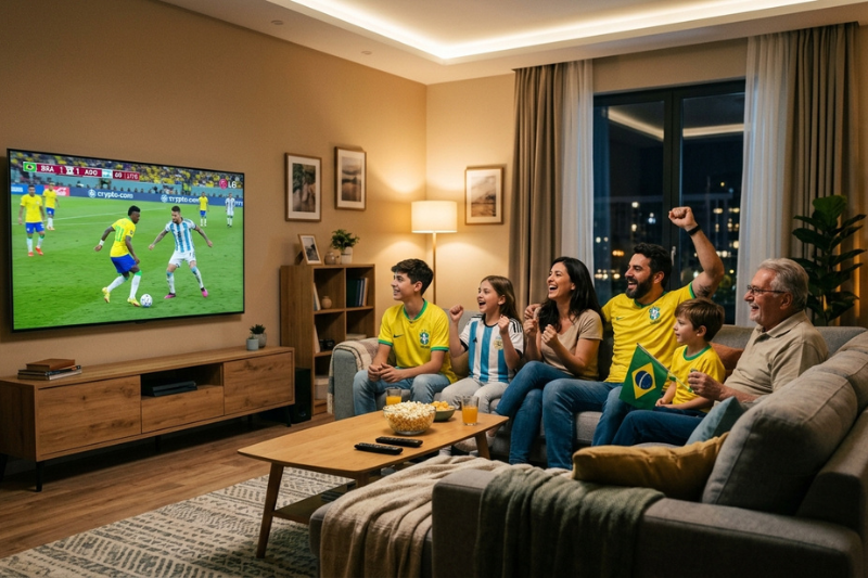 Sala de estar moderna com família assistindo conteúdo em uma smart TV barata, destacando conforto e entretenimento acessível em casa.