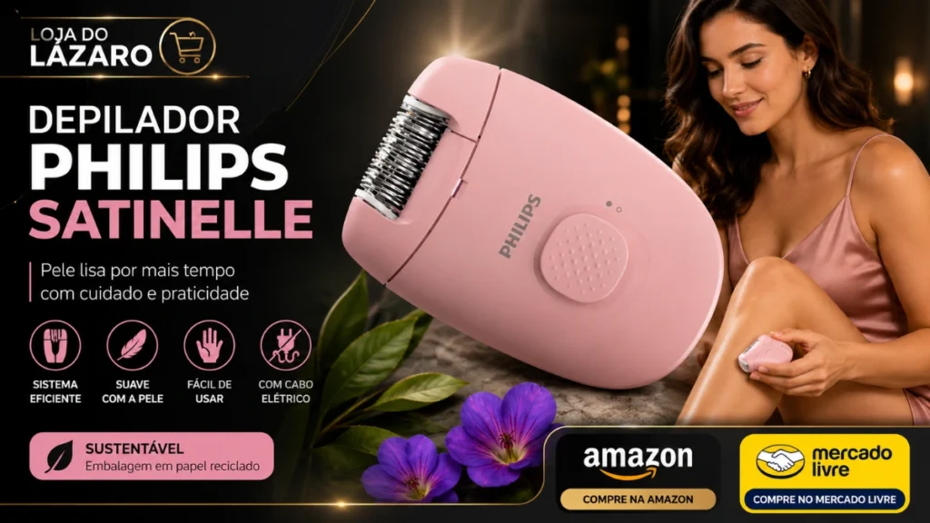 Depilador Satinelle Philips feminino com mulher elegante e design moderno para remoção prática dos pelos.