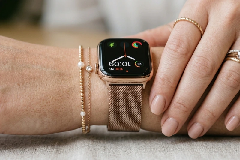 Relógio feminino smartwatch com pulseira metálica rose gold no pulso