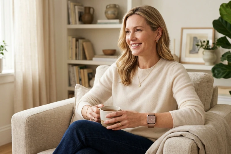 Relógio feminino smartwatch sendo usado por mulher em casa no dia a dia