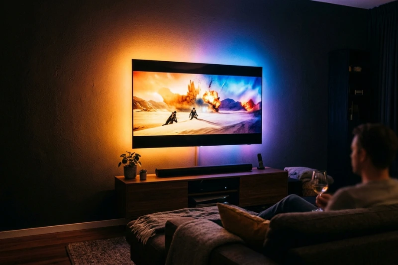 Smart TV barata com efeito Ambilight iluminando a sala ao redor da tela