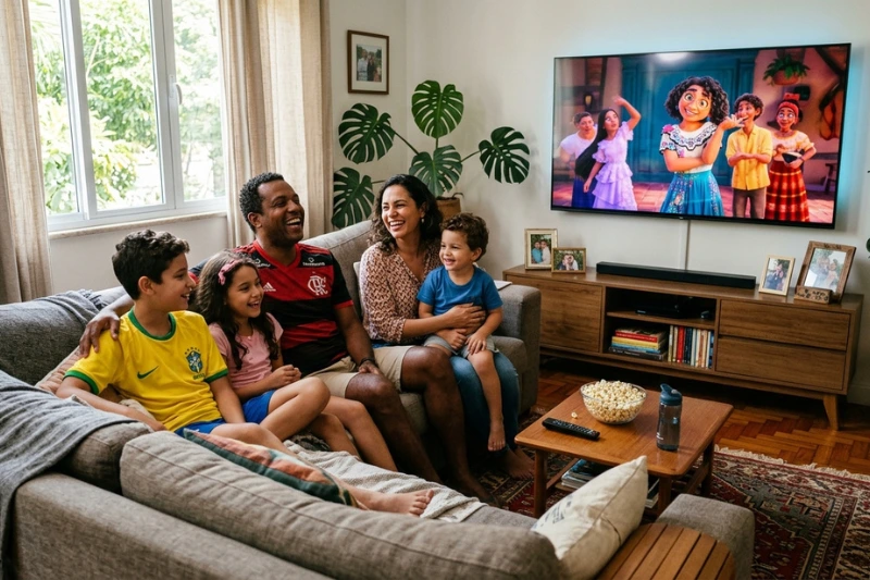Smart TV barata com efeito Ambilight iluminando a sala ao redor da tela