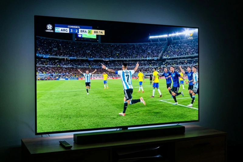Smart TV barata exibindo jogo de futebol ao vivo com imagem nítida e cores vibrantes