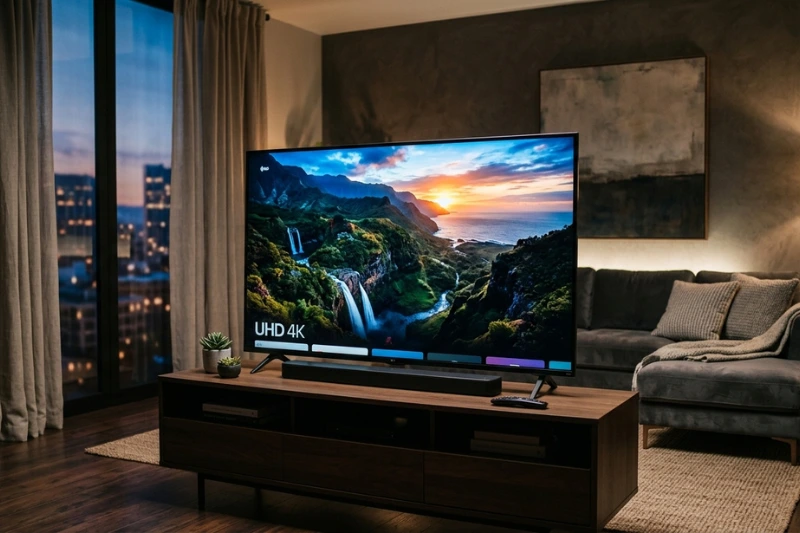 Smart TV barata em sala moderna com design elegante e iluminação ambiente