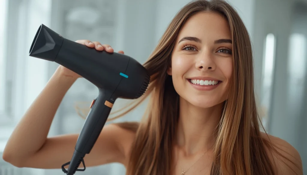 Mulher sorridente secando os cabelos com o secador Philco Seca Rápido 2200W, obtendo um resultado impecável.