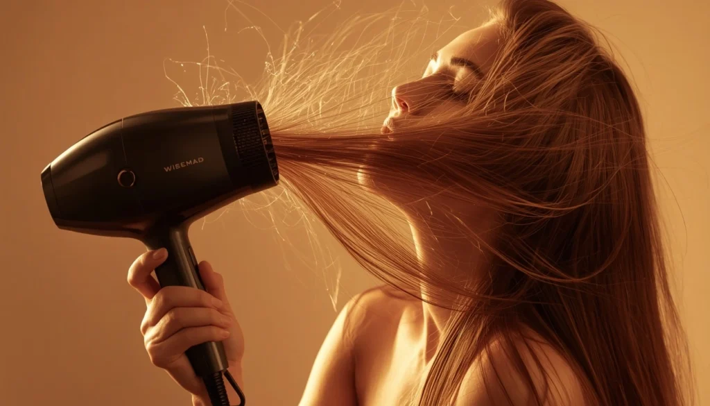 Mulher usando o secador de cabelo com alta potência, similar em performance ao secador Philco Seca Rápido 2200W.