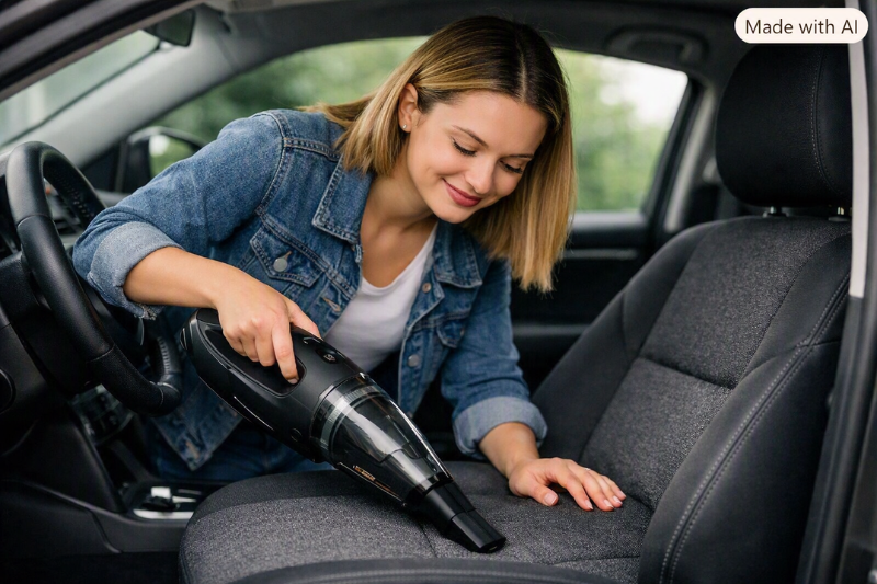 Pessoa usando aspirador de pó portátil para limpar o interior do carro, mostrando praticidade e eficiência na remoção de sujeira